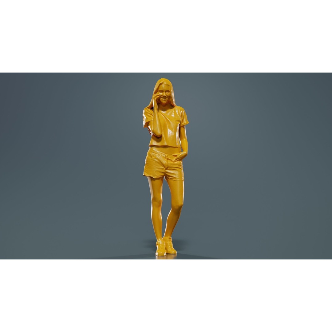 Woman 3D Model – Low Poly Character in Cat Shirt and Jeans Shorts - View 14