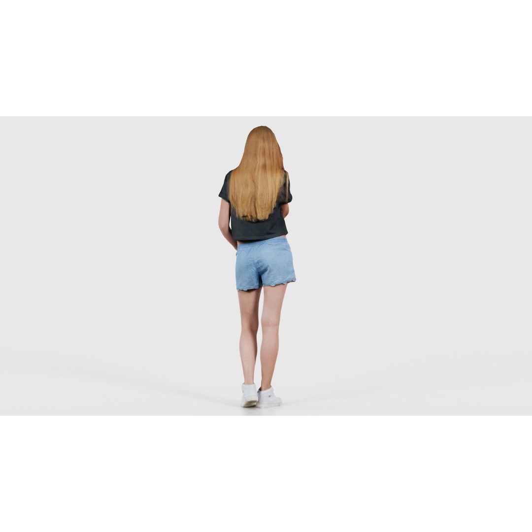 Woman 3D Model – Low Poly Character in Cat Shirt and Jeans Shorts - View 22