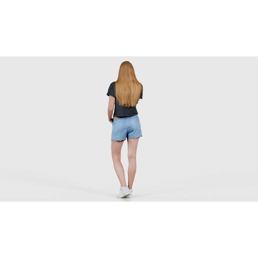 Woman 3D Model – Low Poly Character in Cat Shirt and Jeans Shorts - View 23