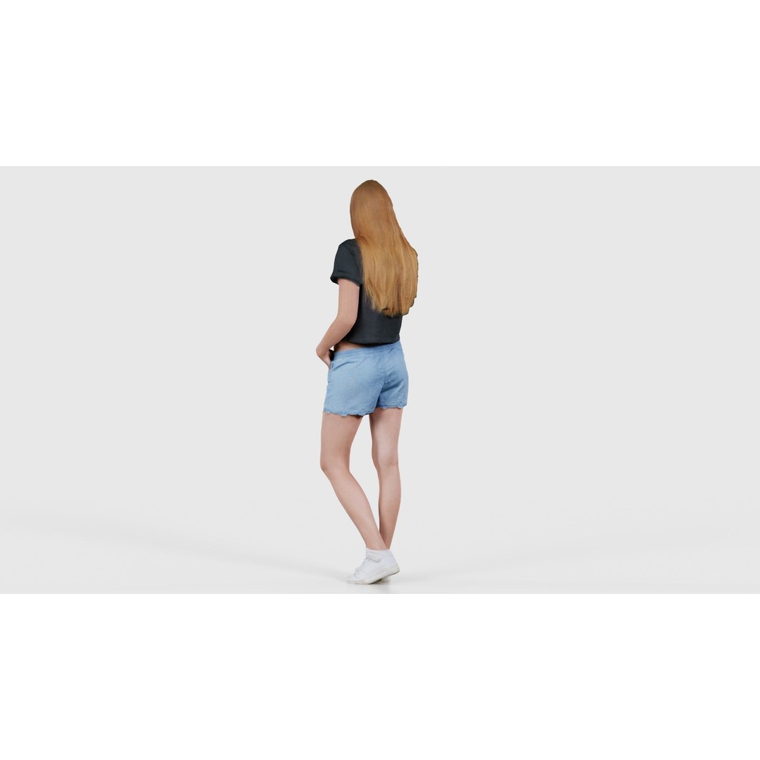 Woman 3D Model – Low Poly Character in Cat Shirt and Jeans Shorts - View 24