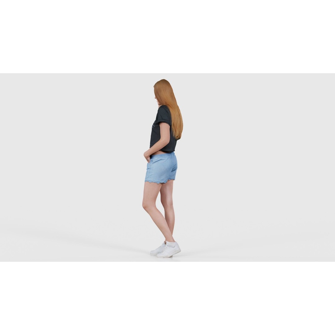 Woman 3D Model – Low Poly Character in Cat Shirt and Jeans Shorts - View 25