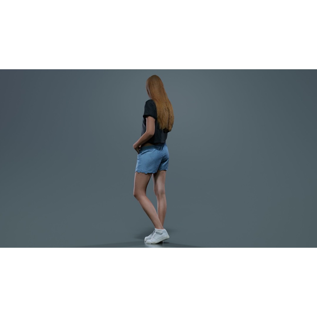 Woman 3D Model – Low Poly Character in Cat Shirt and Jeans Shorts - View 9