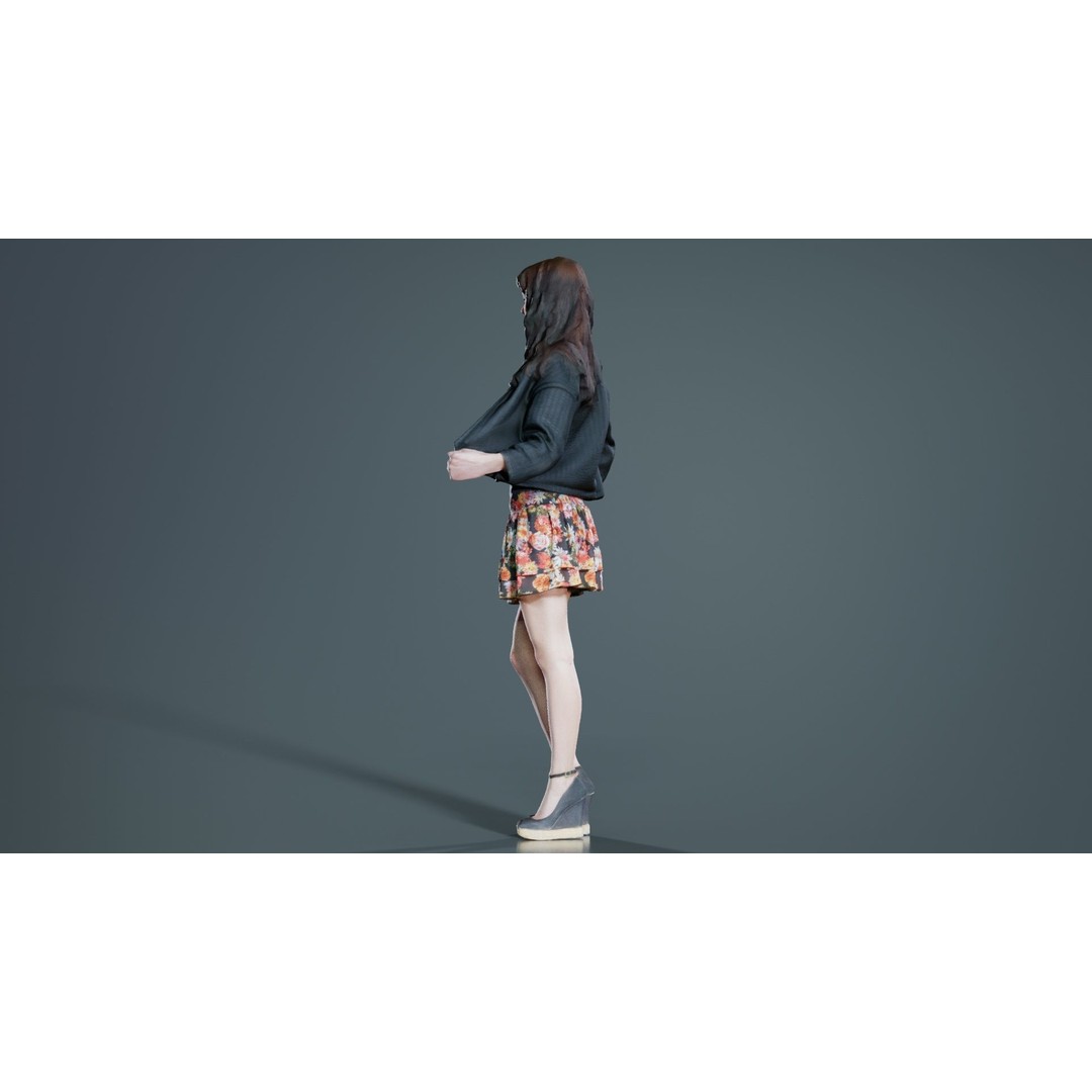 Woman 3D Model – Low Poly Character in Floral Skirt, FBX, Blender - View 6
