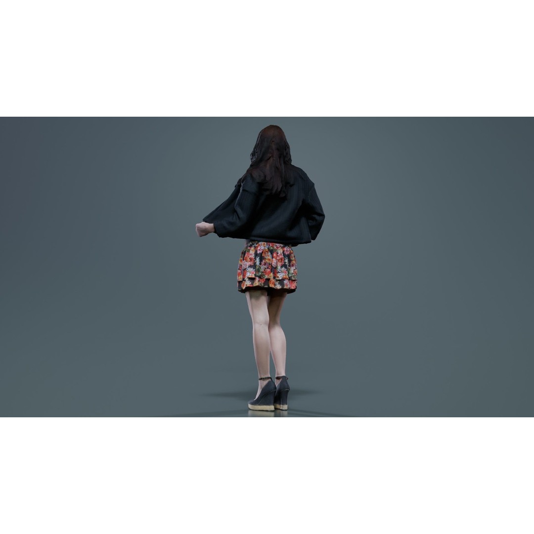 Woman 3D Model – Low Poly Character in Floral Skirt, FBX, Blender - View 8