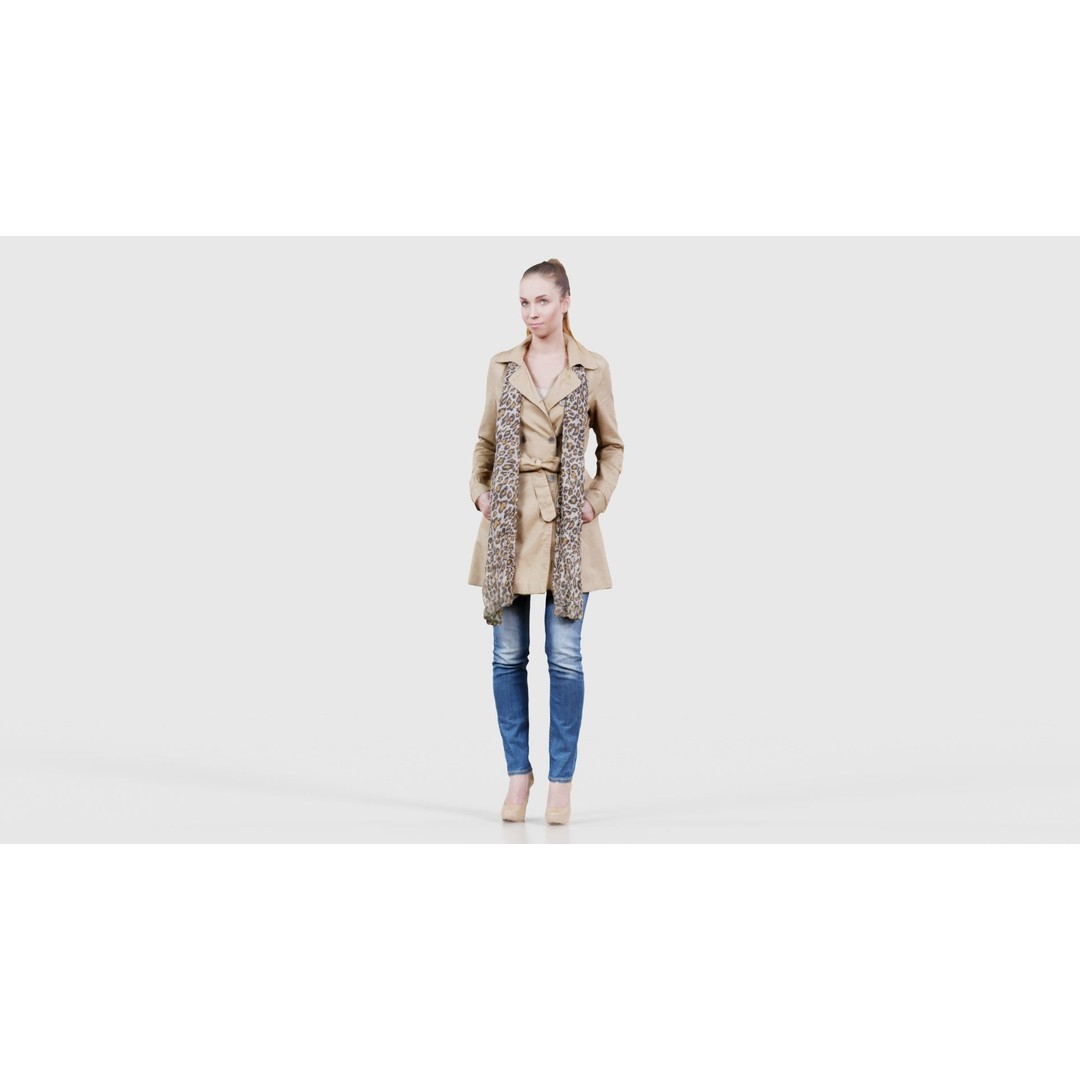 Woman 3D Model – Low Poly Character in Beige Coat and Scarf, FBX - View 17
