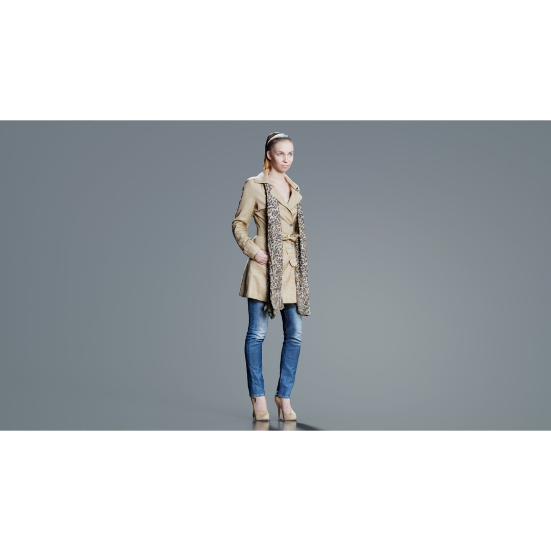 Woman 3D Model – Low Poly Character in Beige Coat and Scarf, FBX - View 3