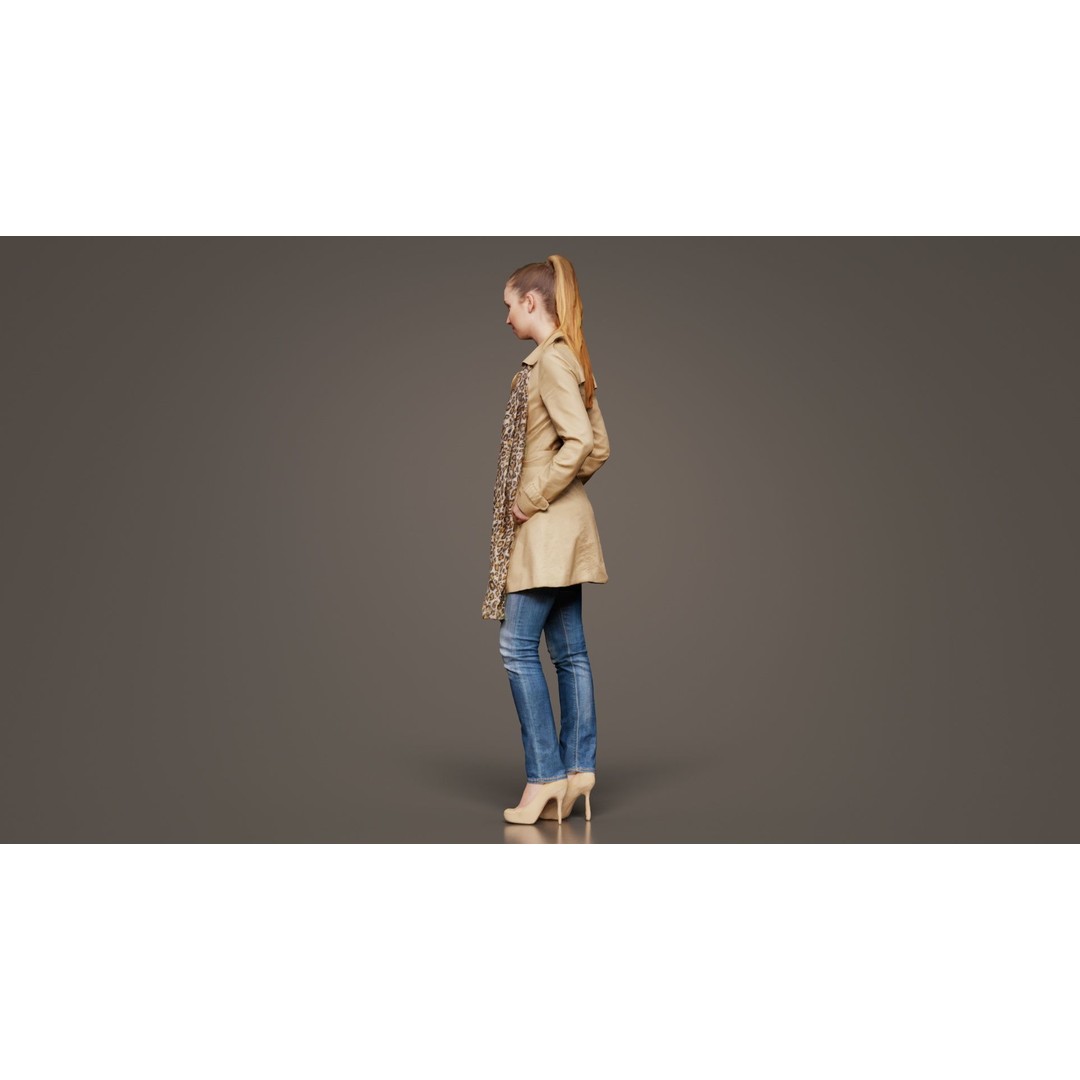 Woman 3D Model – Low Poly Character in Beige Coat and Scarf, FBX - View 7