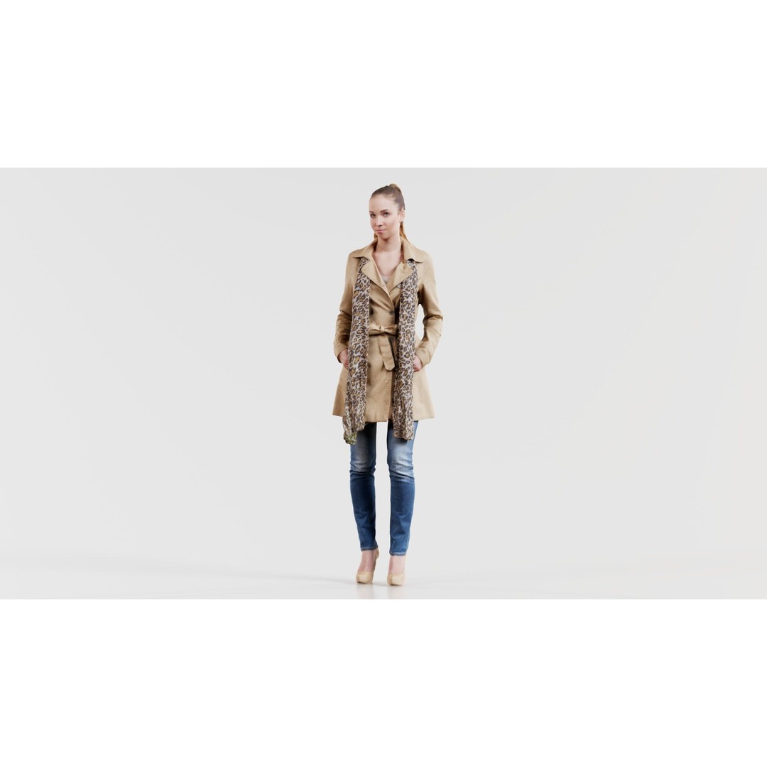Woman 3D Model – Low Poly Character in Beige Coat and Scarf, FBX - View 8