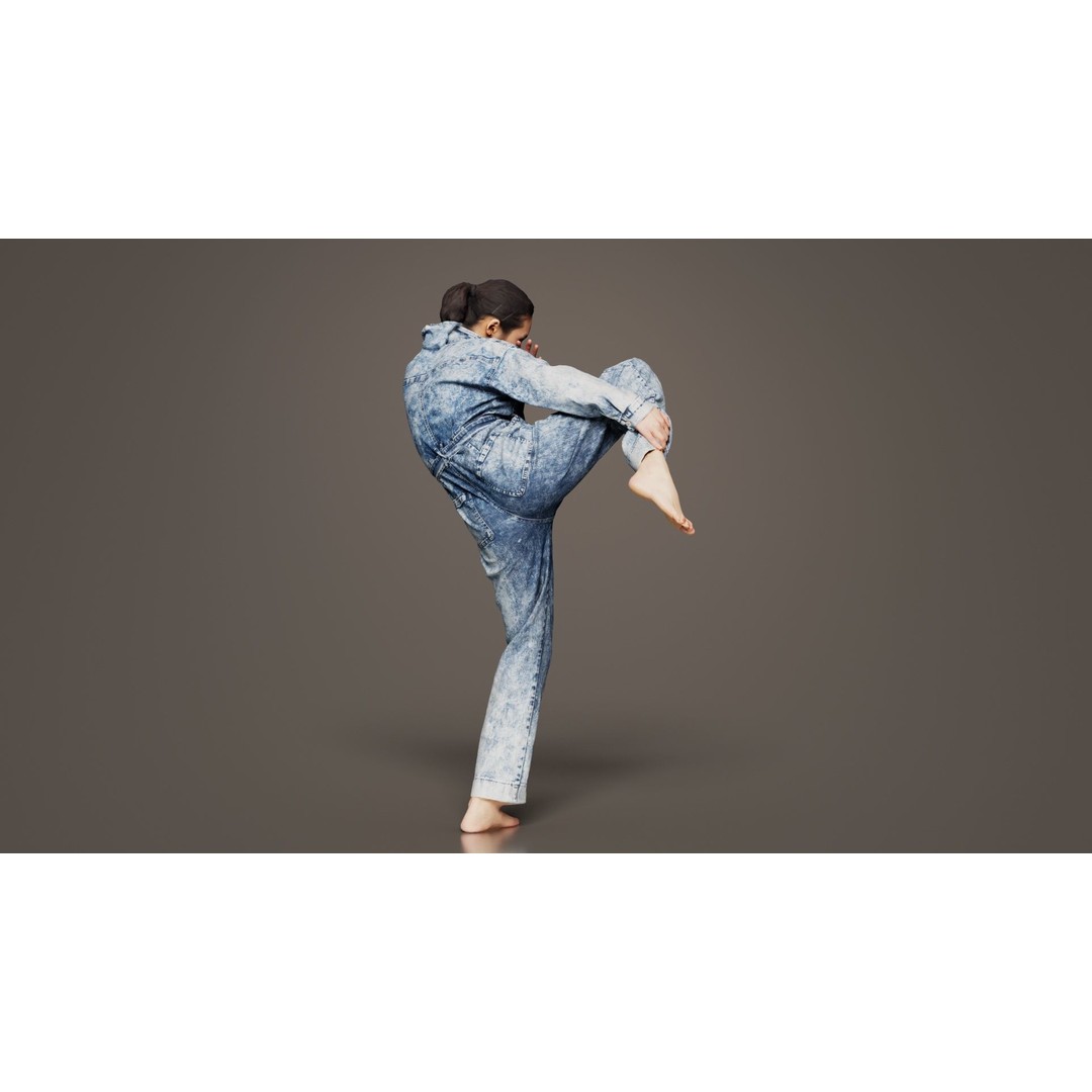 Asian Woman 3D Model – Low Poly Character in Denim Jumpsuit, FBX - View 10
