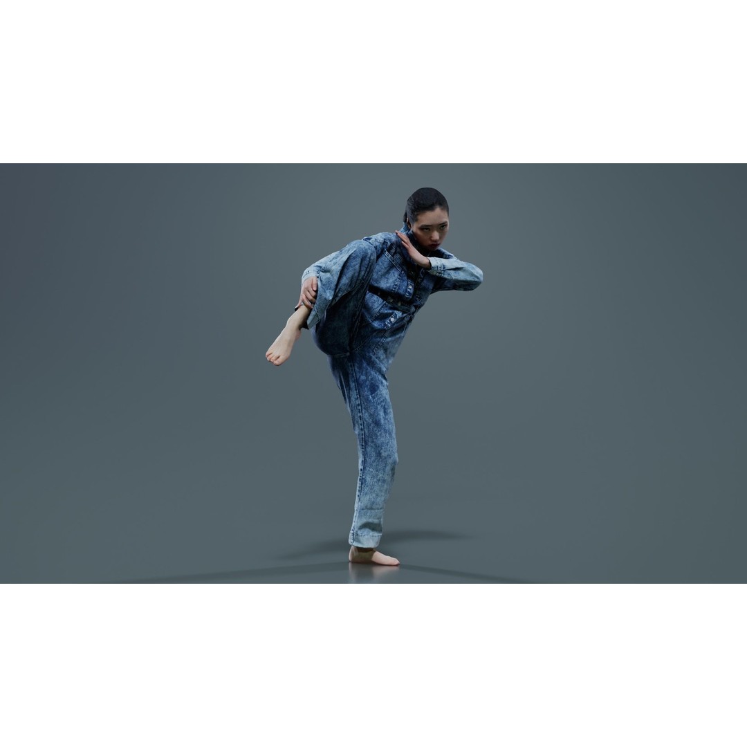 Asian Woman 3D Model – Low Poly Character in Denim Jumpsuit, FBX - View 3