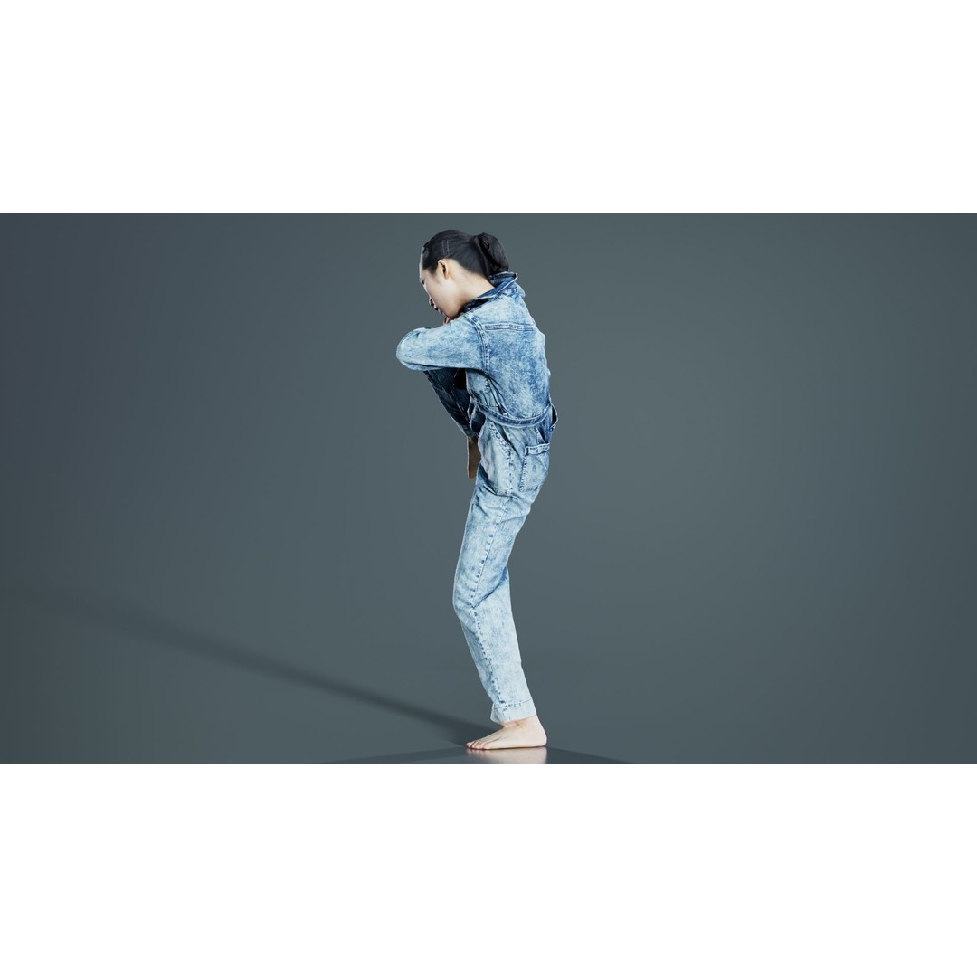 Asian Woman 3D Model – Low Poly Character in Denim Jumpsuit, FBX - View 4