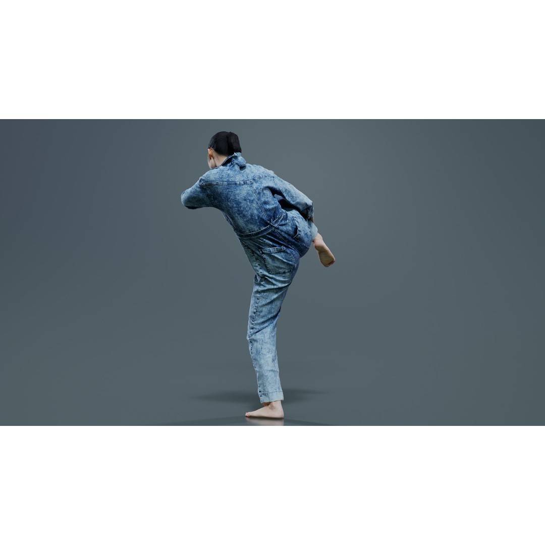 Asian Woman 3D Model – Low Poly Character in Denim Jumpsuit, FBX - View 6