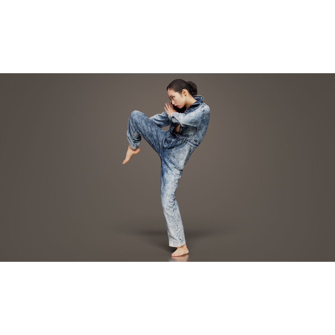 Asian Woman 3D Model – Low Poly Character in Denim Jumpsuit, FBX - View 7