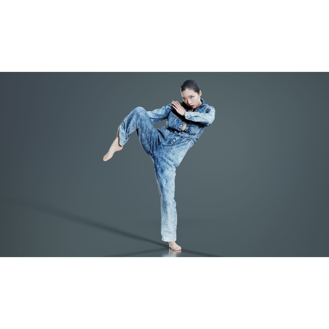 Asian Woman 3D Model – Low Poly Character in Denim Jumpsuit, FBX - View 8