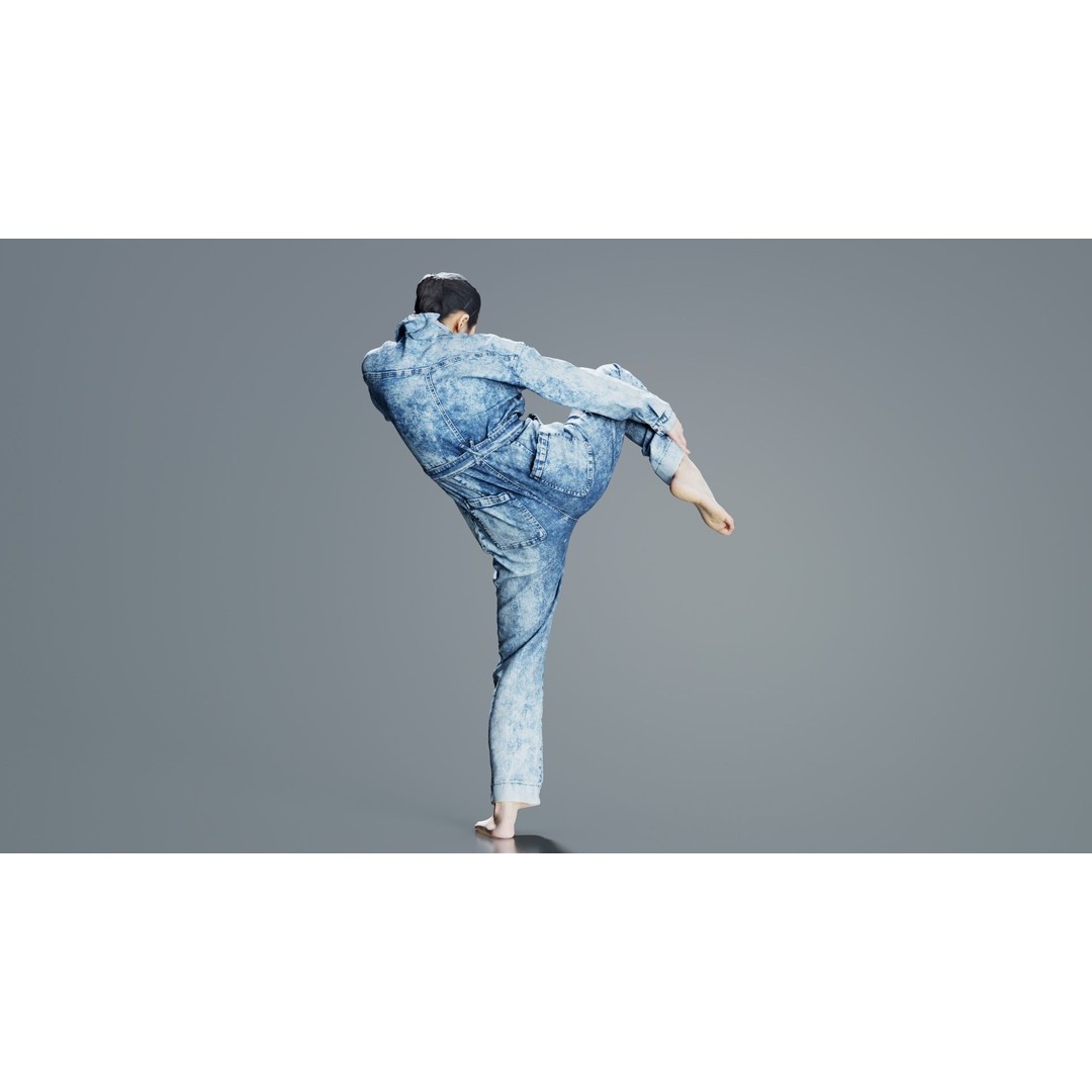 Asian Woman 3D Model – Low Poly Character in Denim Jumpsuit, FBX - View 9
