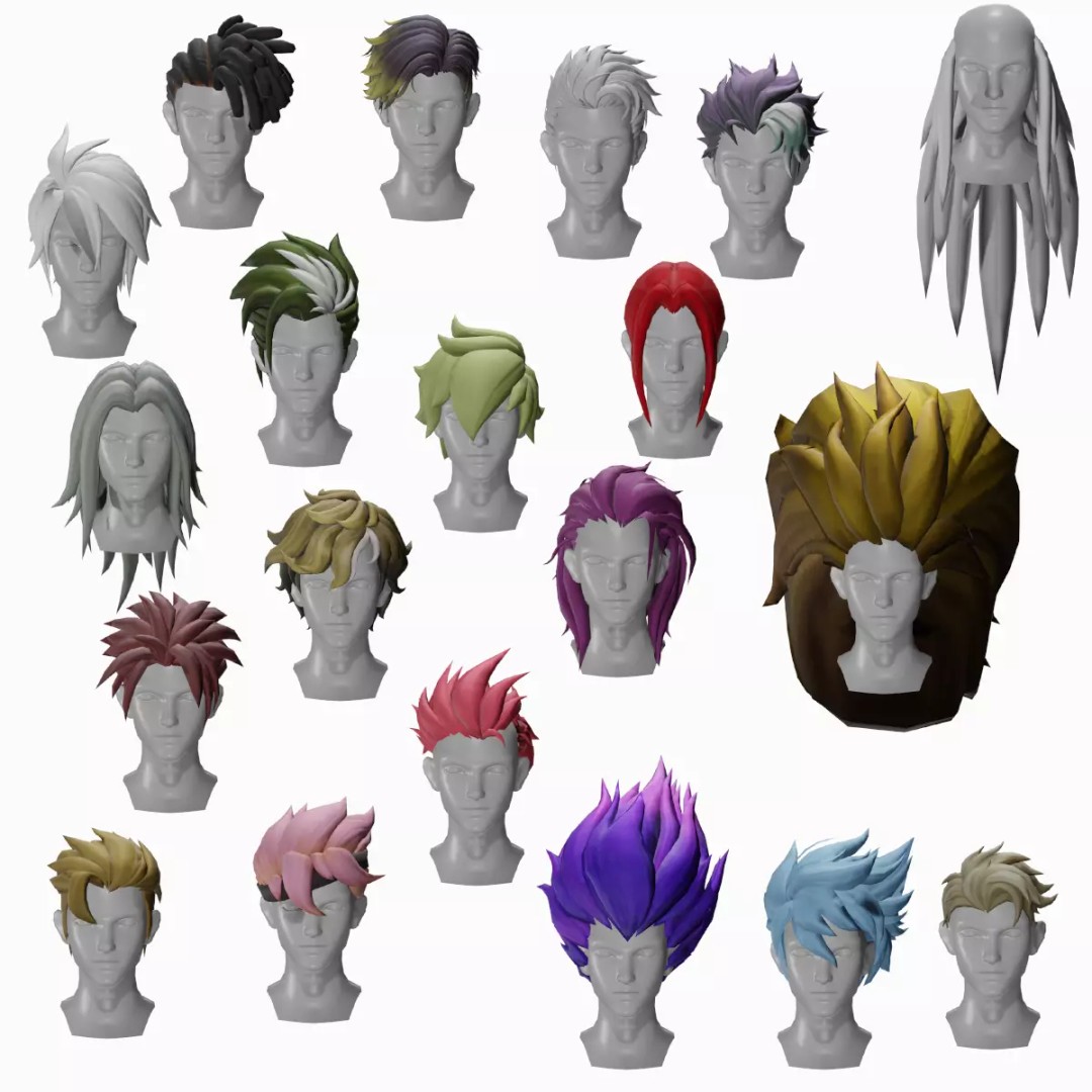 Stylized Male Hair Models 3D Model – Low Poly Game Asset, Blender, FBX - View 2
