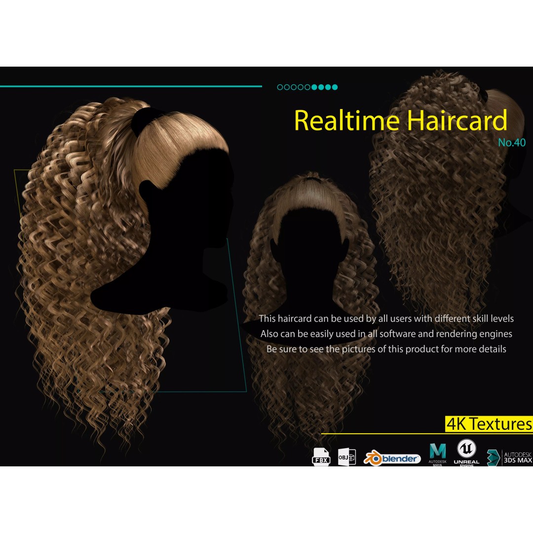 Realtime Haircard 3D Model – Low Poly Game-Ready Character Hair, FBX - View 2