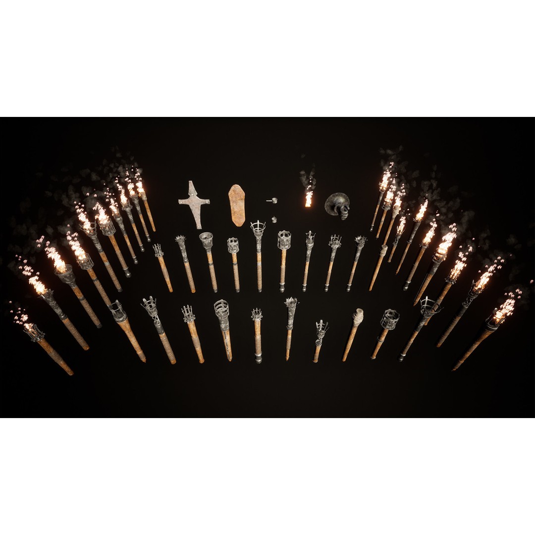 Medieval Torches 3D Model – Low Poly PBR Lighting Asset, FBX