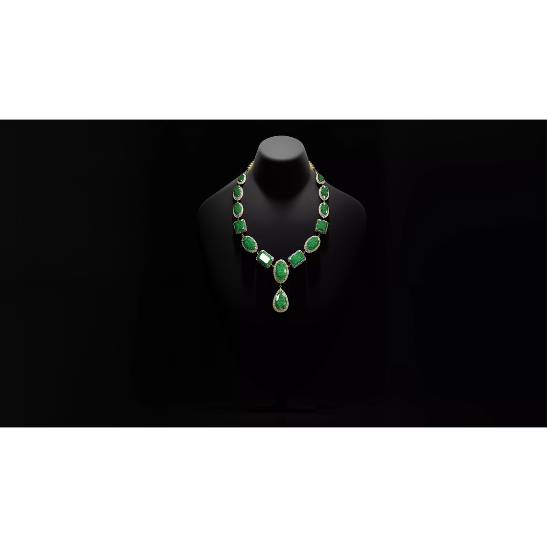 Mughal Necklace 3D Model – Emerald & Diamond Jewelry, FBX - View 2