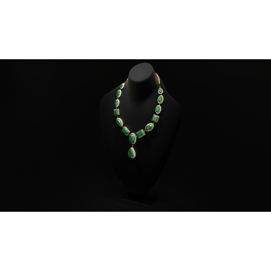 Mughal Necklace 3D Model – Emerald & Diamond Jewelry, FBX - View 3