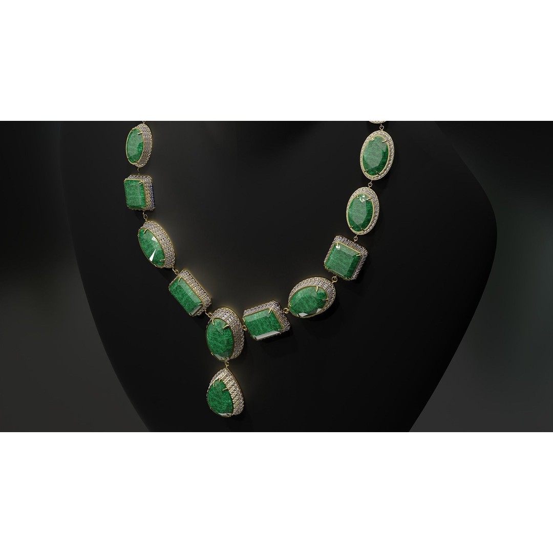 Mughal Necklace 3D Model – Emerald & Diamond Jewelry, FBX - View 6
