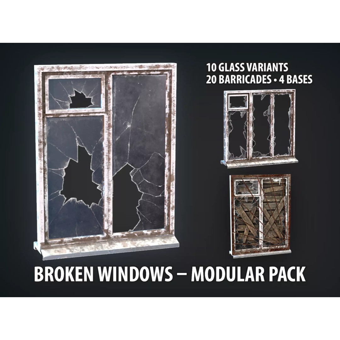 Post-Apocalyptic Broken Windows 3D Model – Modular Barricade Pack, PBR - View 2