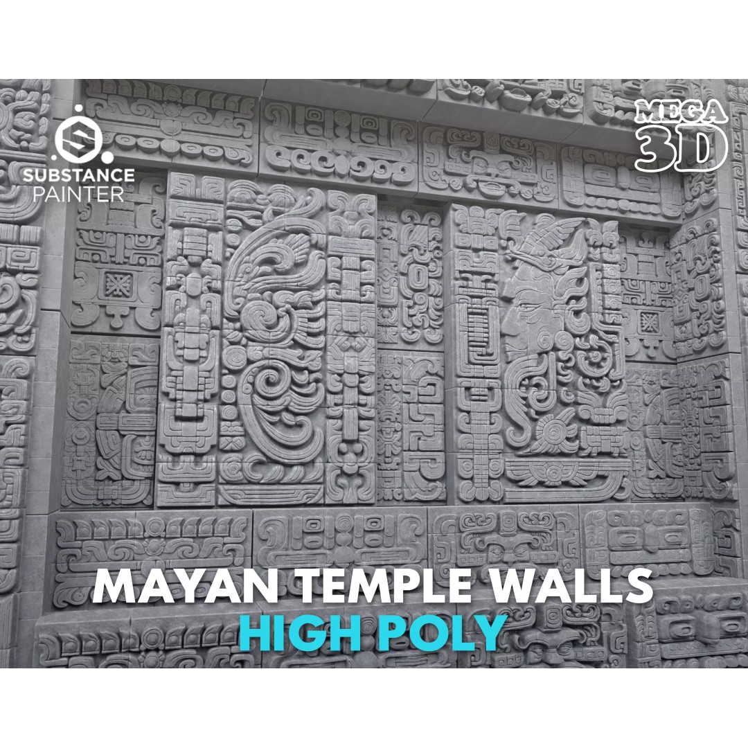 High Poly Mayan Temple Wall 3D Model – Ancient Architecture, FBX - View 2