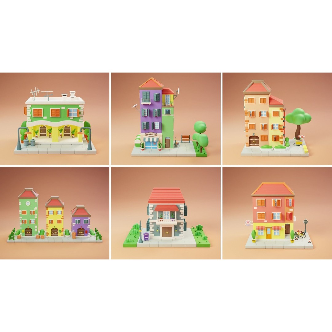 Cozy Cartoon World 3D Model – Low Poly Cityscape Asset, FBX, Blender - View 3