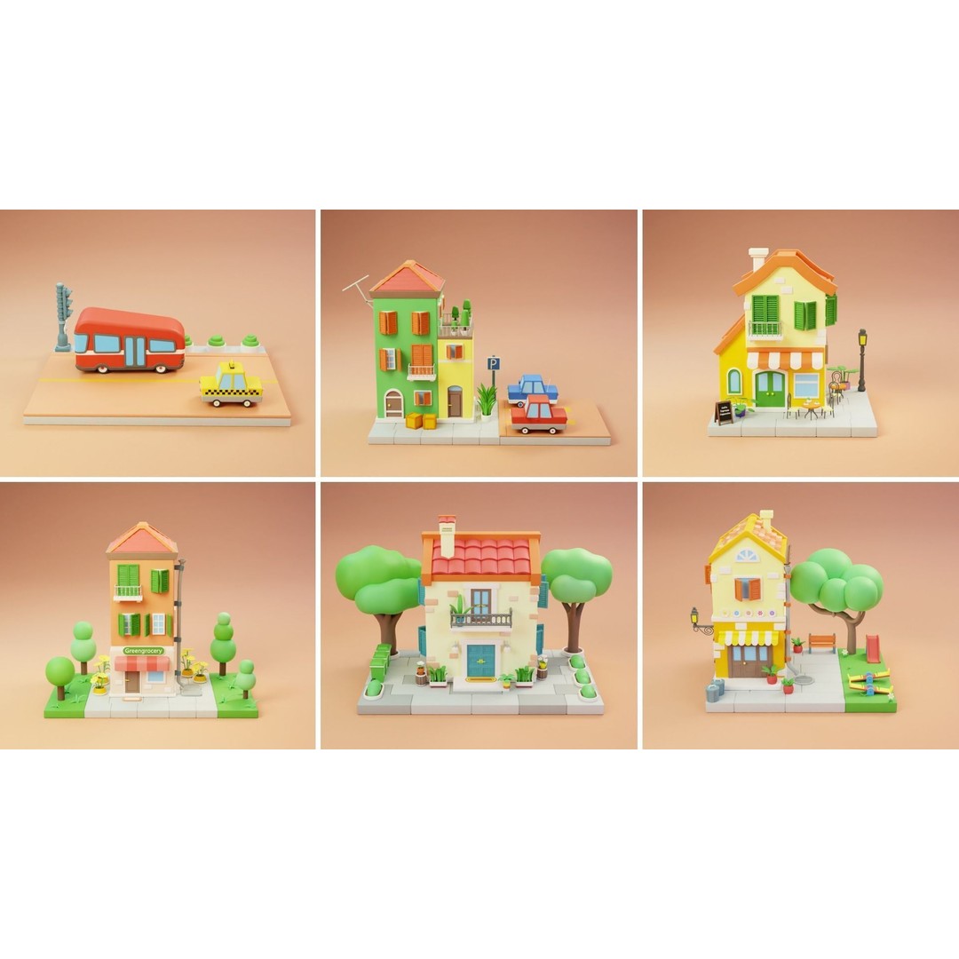 Cozy Cartoon World 3D Model – Low Poly Cityscape Asset, FBX, Blender - View 4