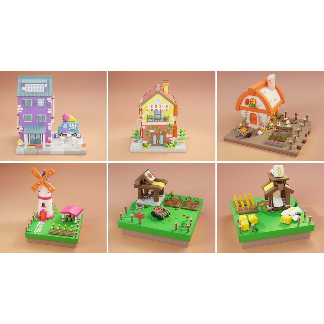 Cozy Cartoon World 3D Model – Low Poly Cityscape Asset, FBX, Blender - View 6