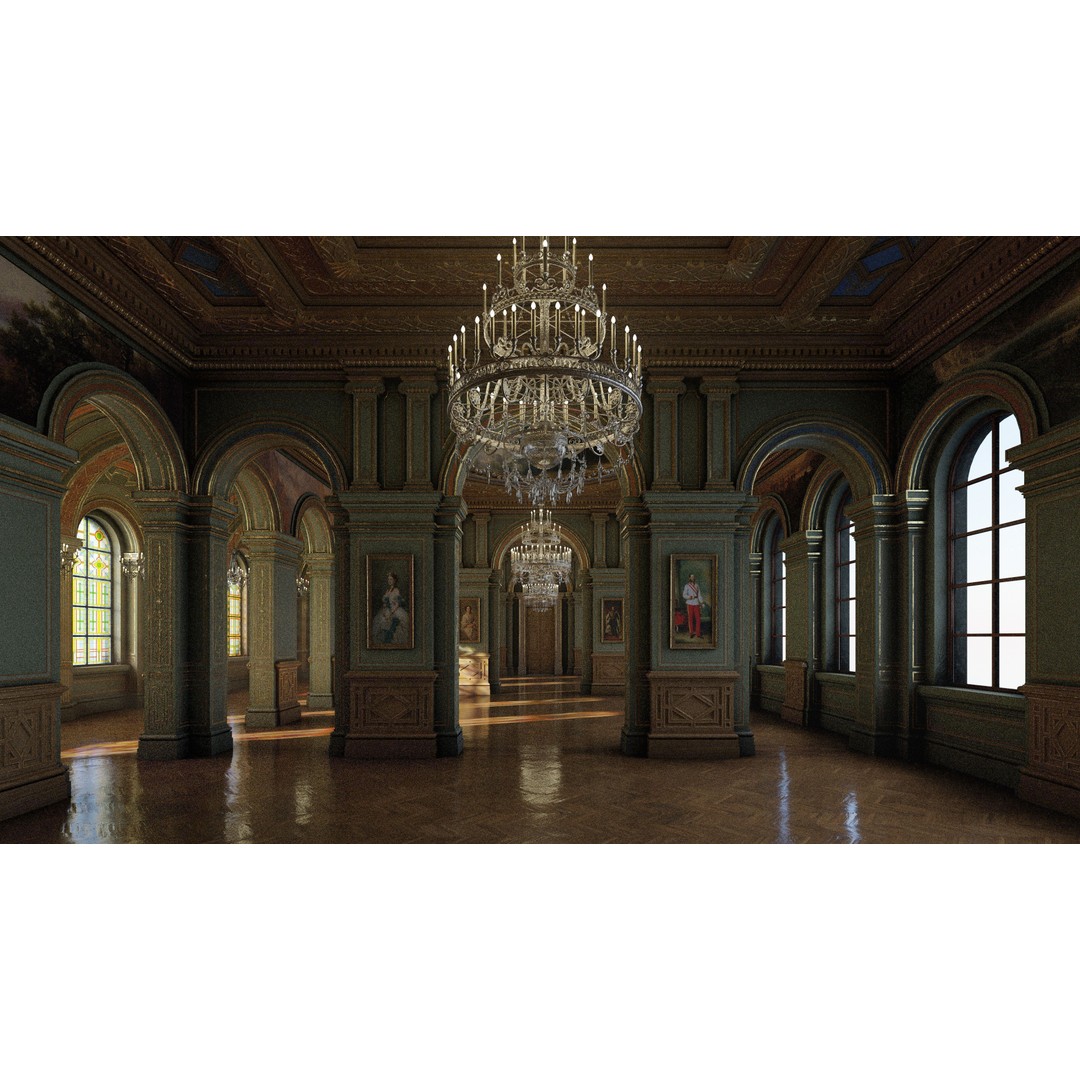 Grand Gallery 3D Model – Classical Architectural Hall, PBR Textures - View 10