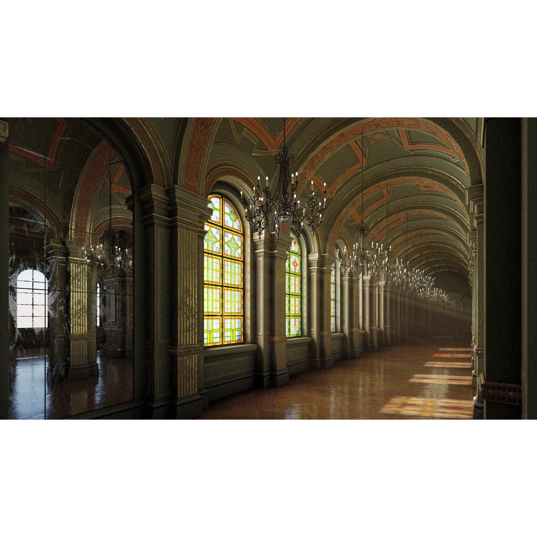 Grand Gallery 3D Model – Classical Architectural Hall, PBR Textures - View 12