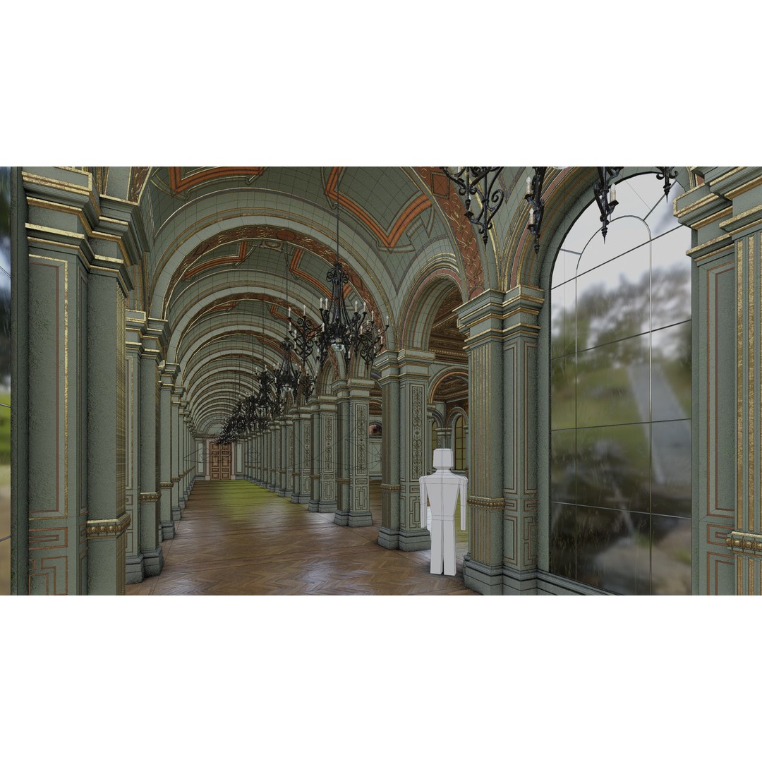 Grand Gallery 3D Model – Classical Architectural Hall, PBR Textures - View 22