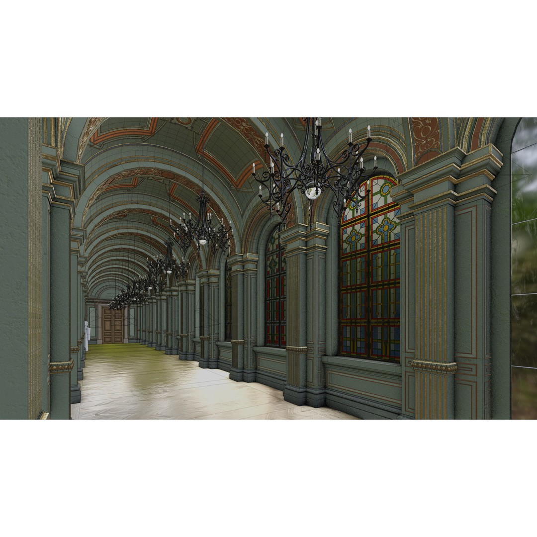 Grand Gallery 3D Model – Classical Architectural Hall, PBR Textures - View 23