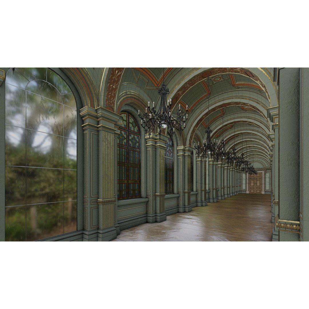 Grand Gallery 3D Model – Classical Architectural Hall, PBR Textures - View 30
