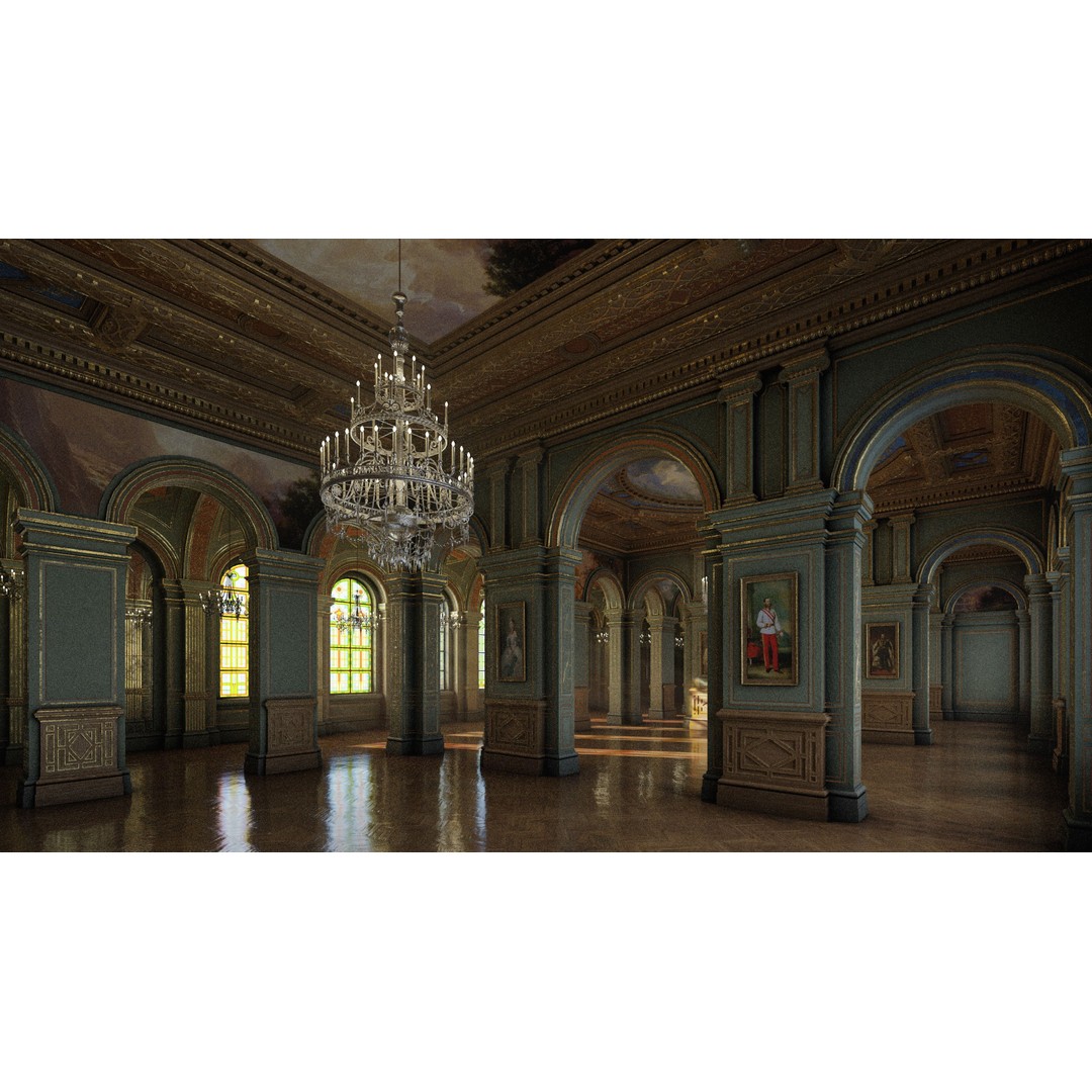 Grand Gallery 3D Model – Classical Architectural Hall, PBR Textures - View 9