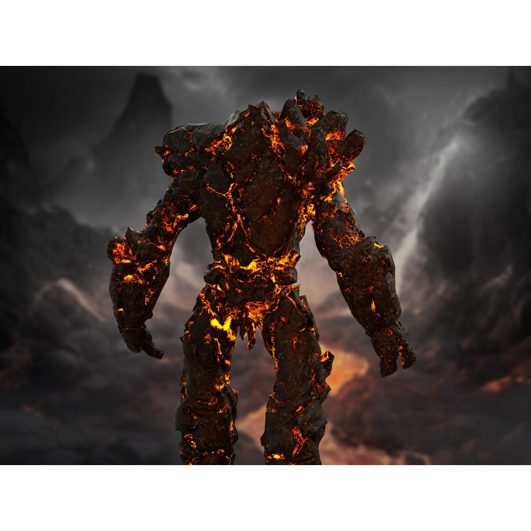 Lava Golem 3D Model – Low Poly Rigged Character with PBR Textures - View 8