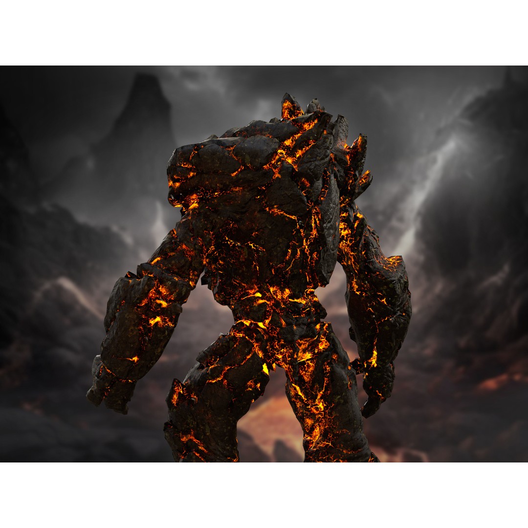 Lava Golem 3D Model – Low Poly Rigged Character with PBR Textures - View 9