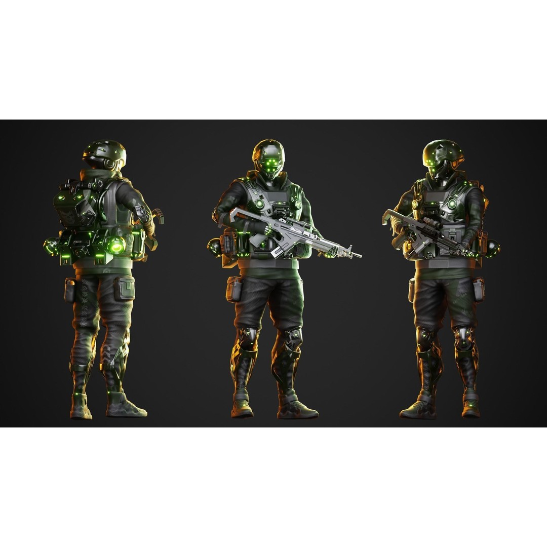 Cyberpunk Green-G Robot 3D Model – Low Poly Rigged Character, FBX - View 3
