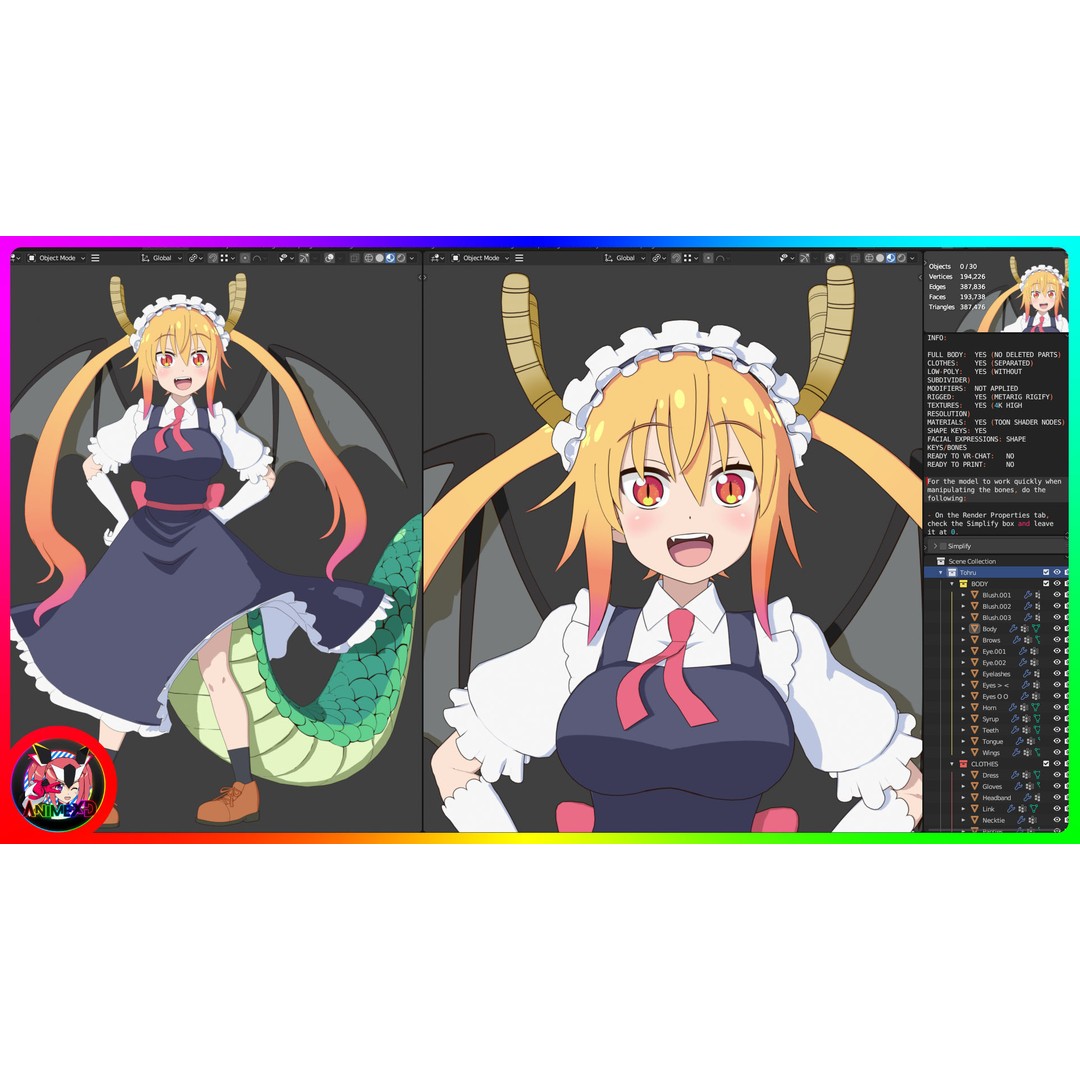 Tohru 3D Model – Anime Character, Rigged for Blender - View 13
