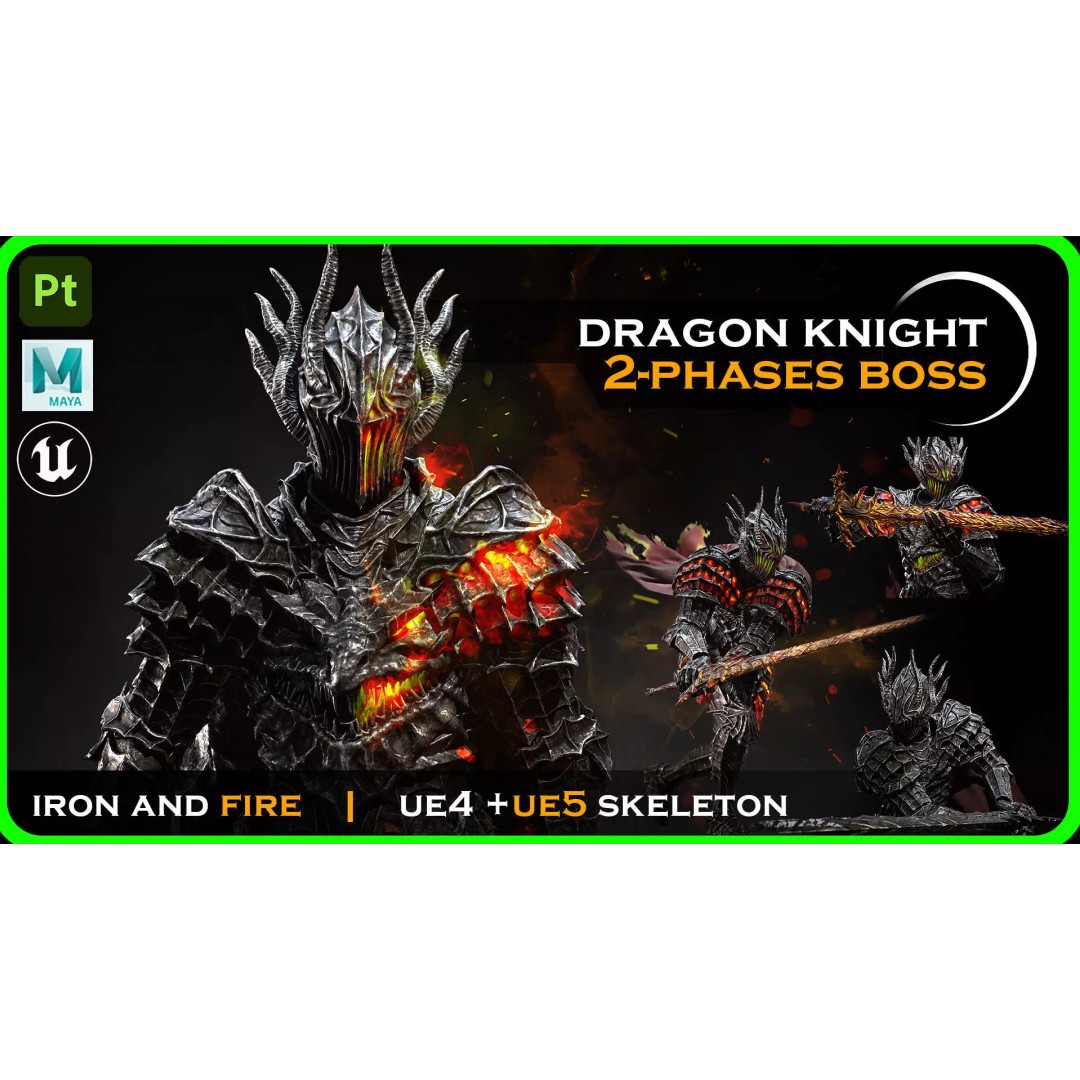 Dark Fantasy Dragon Knight 3D Model – Low Poly Game Asset, Rigged, FBX - View 2