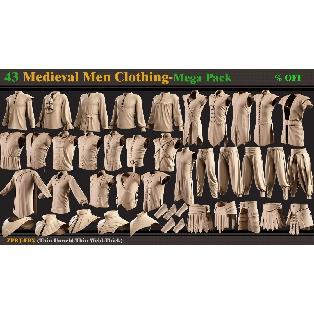 Medieval Clothing 3D Model – Mega Pack of 43 Styles, FBX - View 2