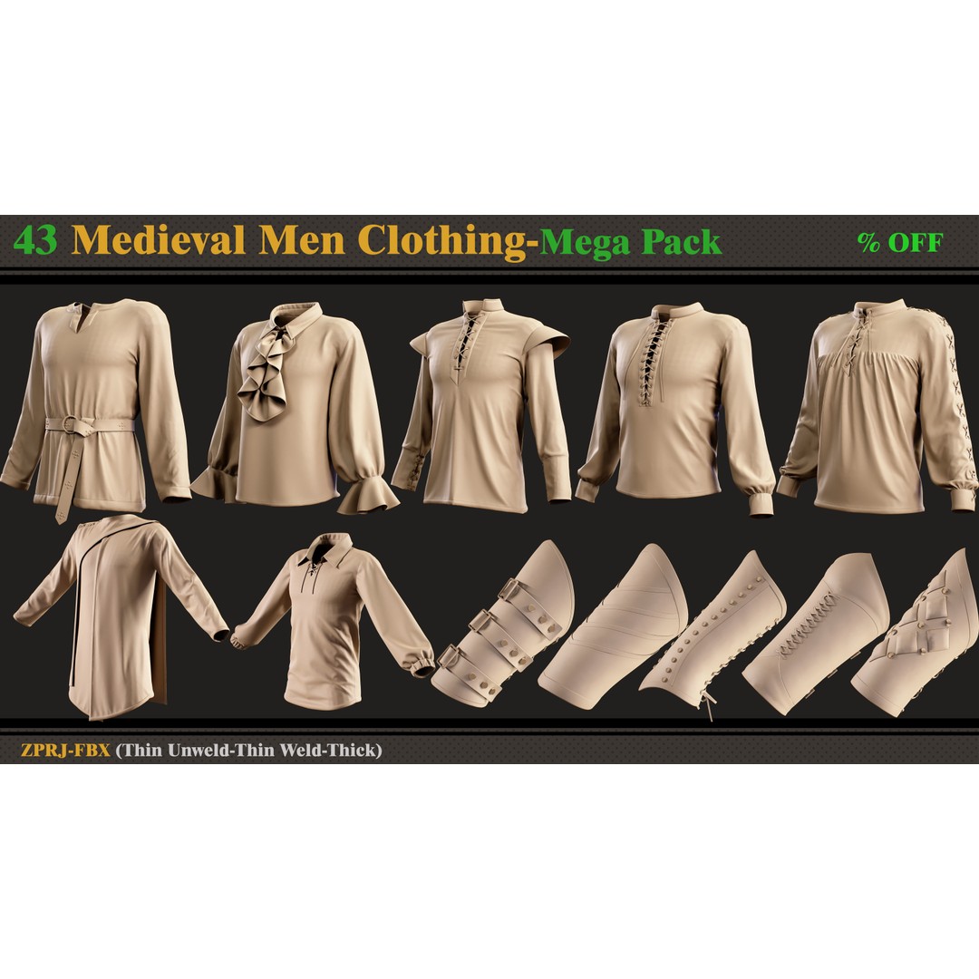 Medieval Clothing 3D Model – Mega Pack of 43 Styles, FBX - View 3
