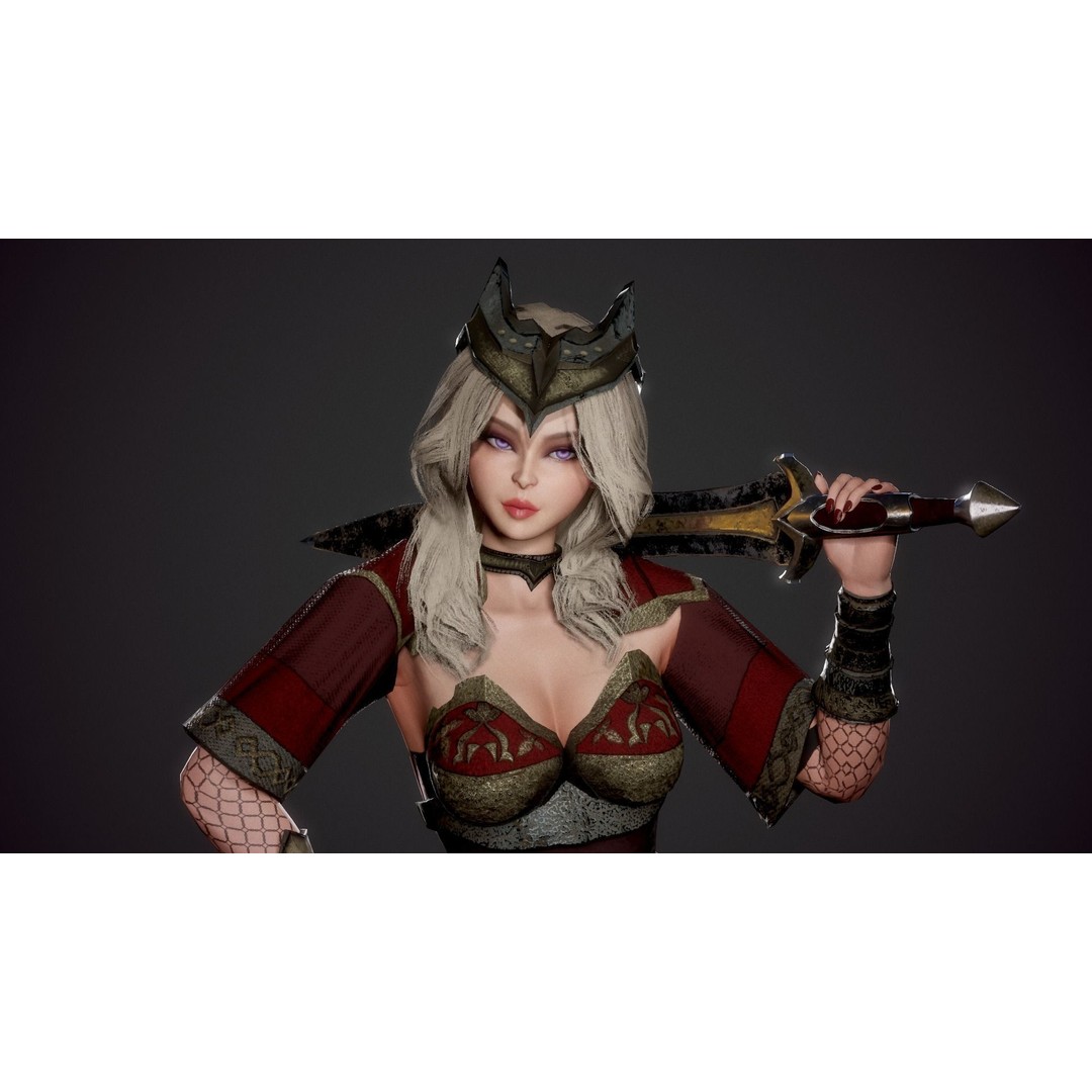 Red Knight Lady 3D Model – Low Poly Rigged Character with PBR Textures - View 6