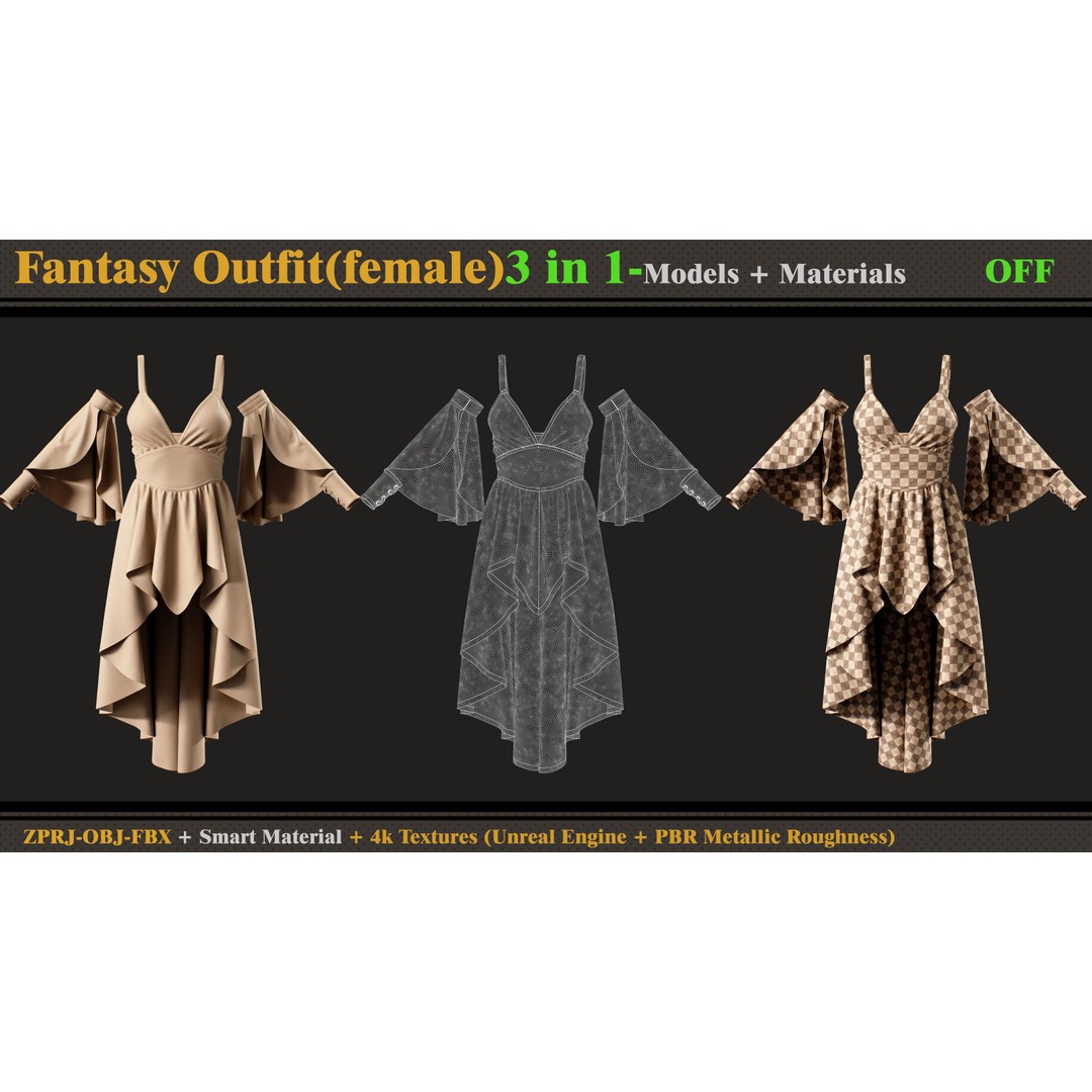 Fantasy Outfits 3D Model – Elegant Costume Set with Textures, FBX & OBJ