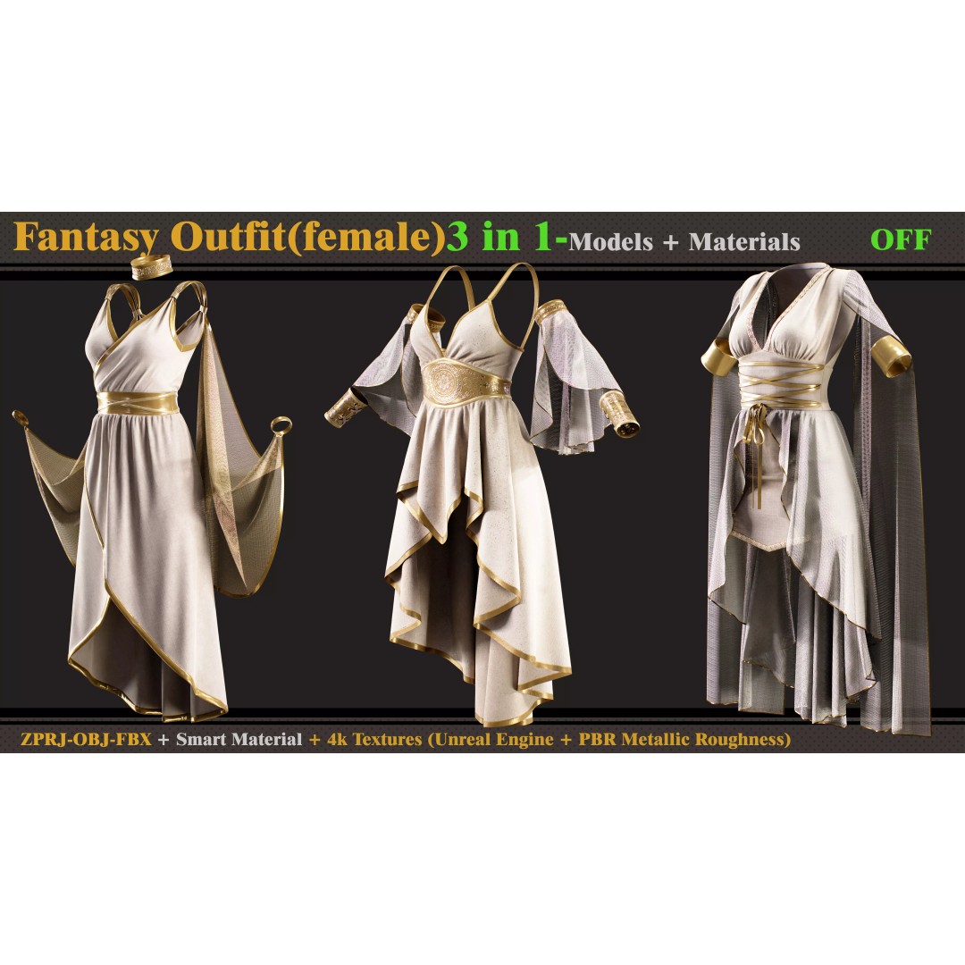 Fantasy Outfits 3D Model – Elegant Costume Set with Textures, FBX & OBJ - View 2