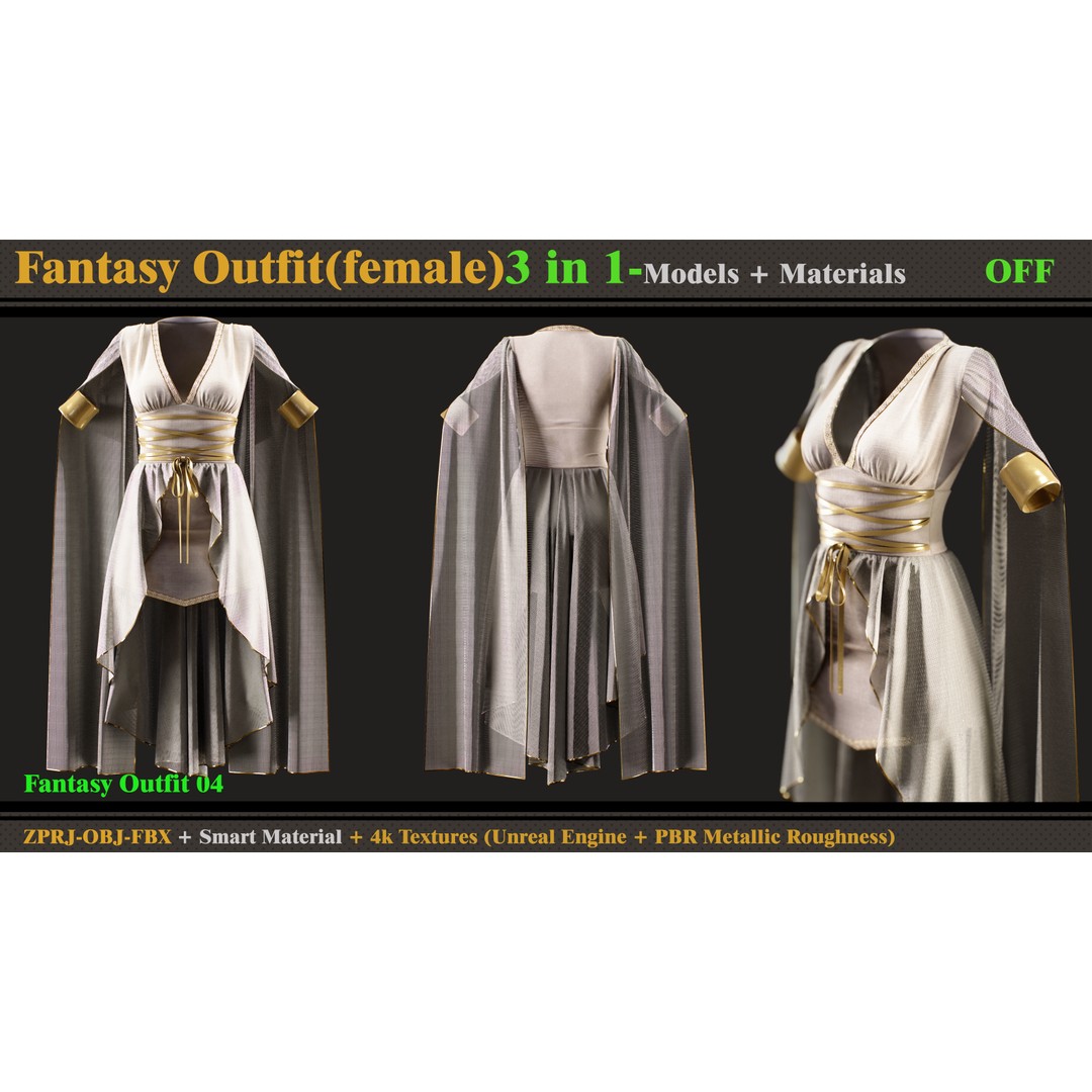Fantasy Outfits 3D Model – Elegant Costume Set with Textures, FBX & OBJ - View 3
