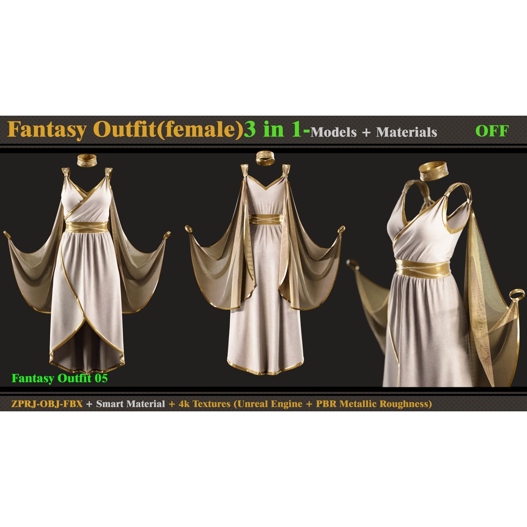 Fantasy Outfits 3D Model – Elegant Costume Set with Textures, FBX & OBJ - View 4