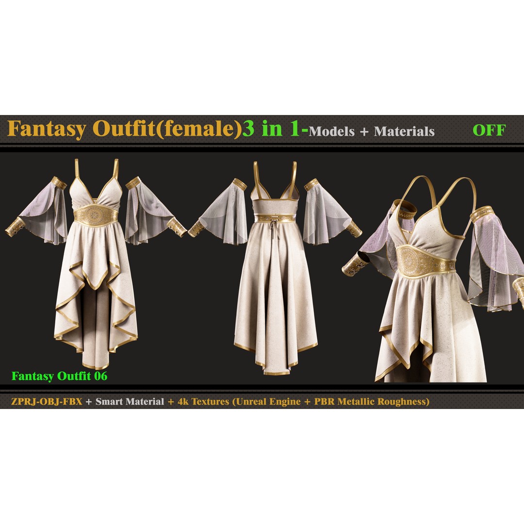 Fantasy Outfits 3D Model – Elegant Costume Set with Textures, FBX & OBJ - View 5