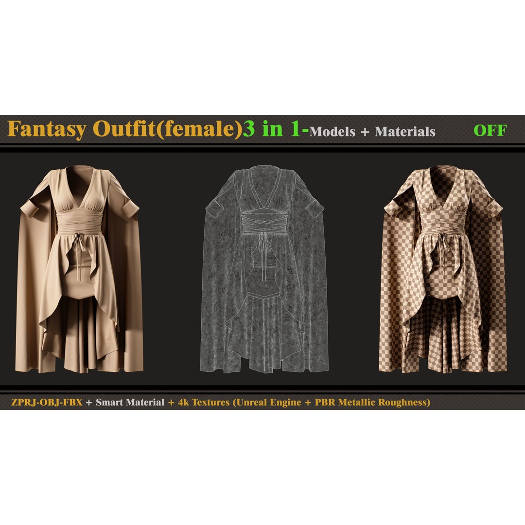 Fantasy Outfits 3D Model – Elegant Costume Set with Textures, FBX & OBJ - View 6